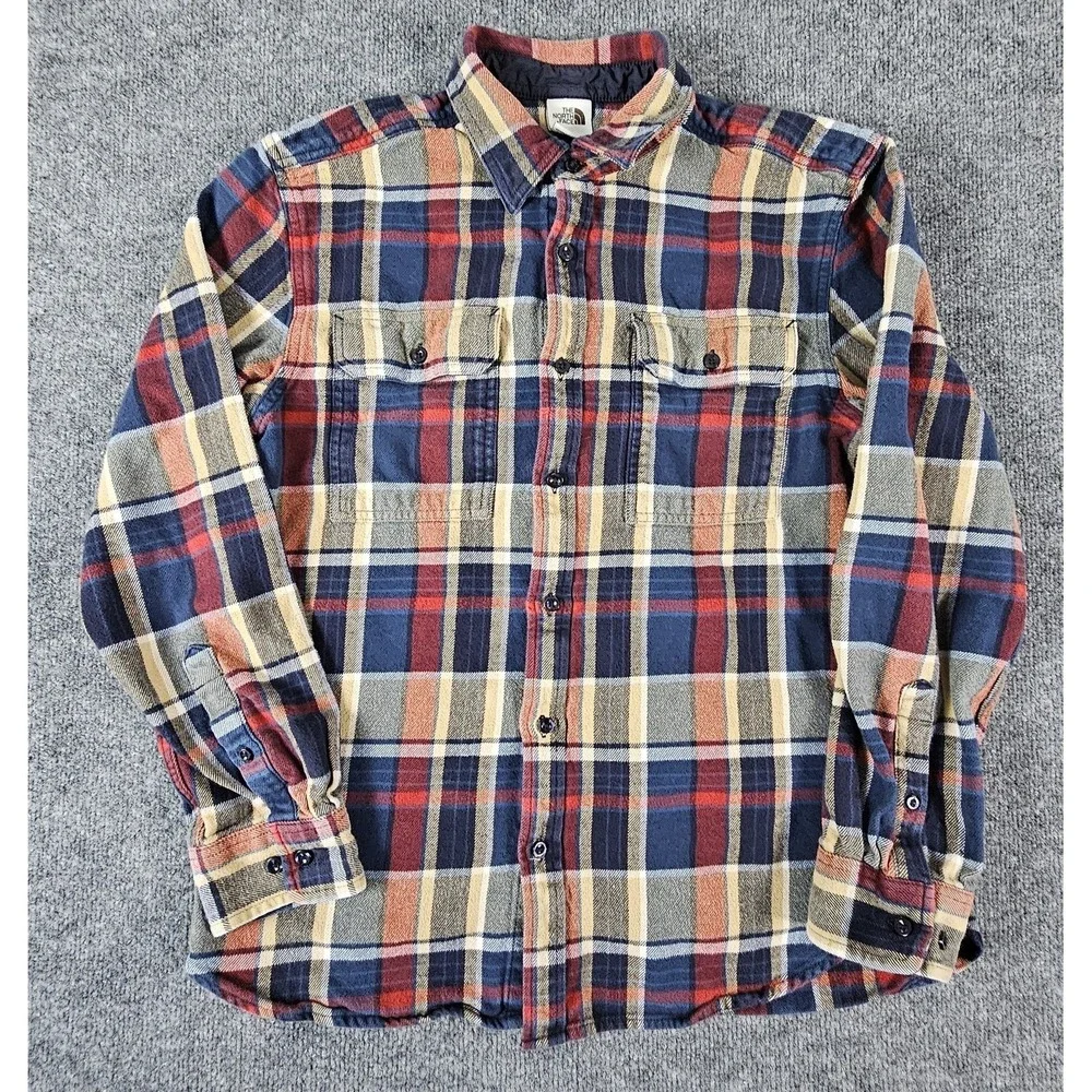 North Face Shirt Mens Large Blue Red Yellow Plaid Flannel Button Up Outdoors